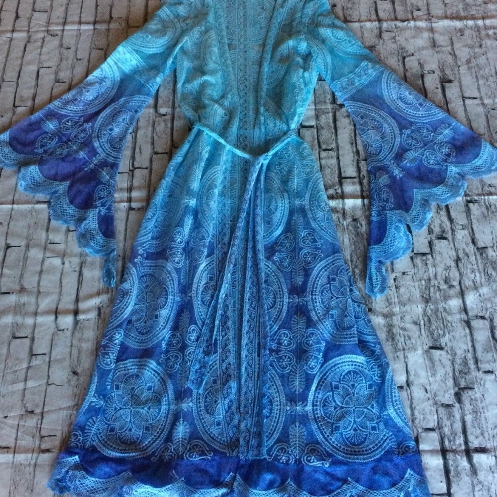 🌸 KIMONO ROBE CARDIGAN BELL SLEEVE OMBRE BLUE BOHO CHIC BOHEMIAN DUSTER BEACH - Picture 7 of 7